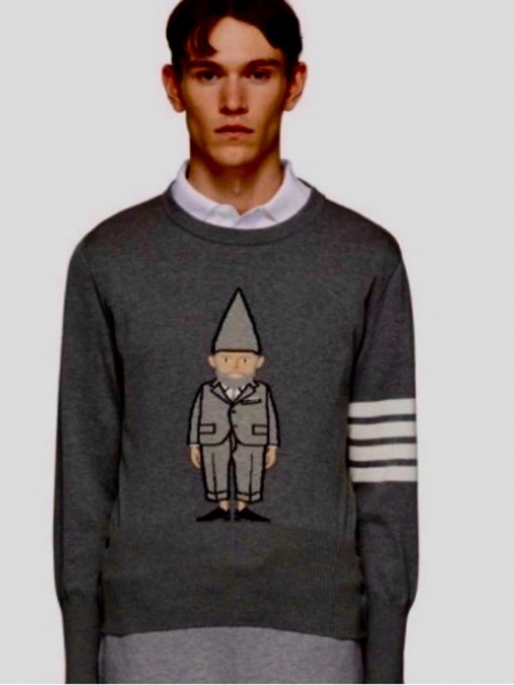 Thom Browne Gray Crewneck Sweater with Gnome Graphic